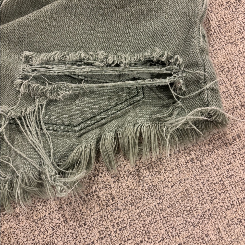 Free People Green Distressed Denim Shorts – Mid Rise – Raw Hem - Picture 5 of 6